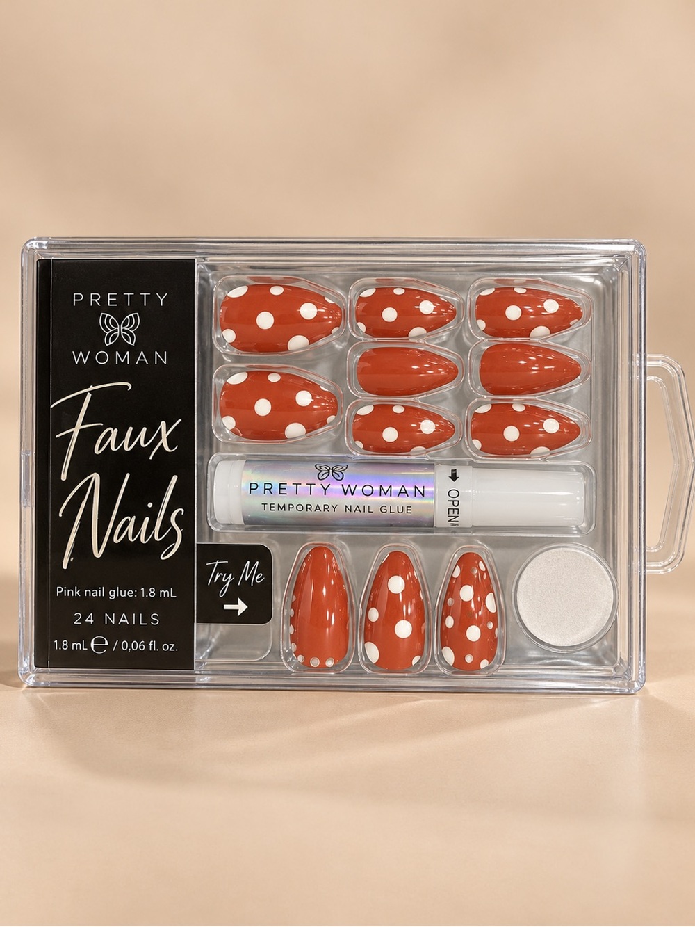 Pretty Woman Faux Nails Rust Orange White Polka Dot Press On Nail Kit
